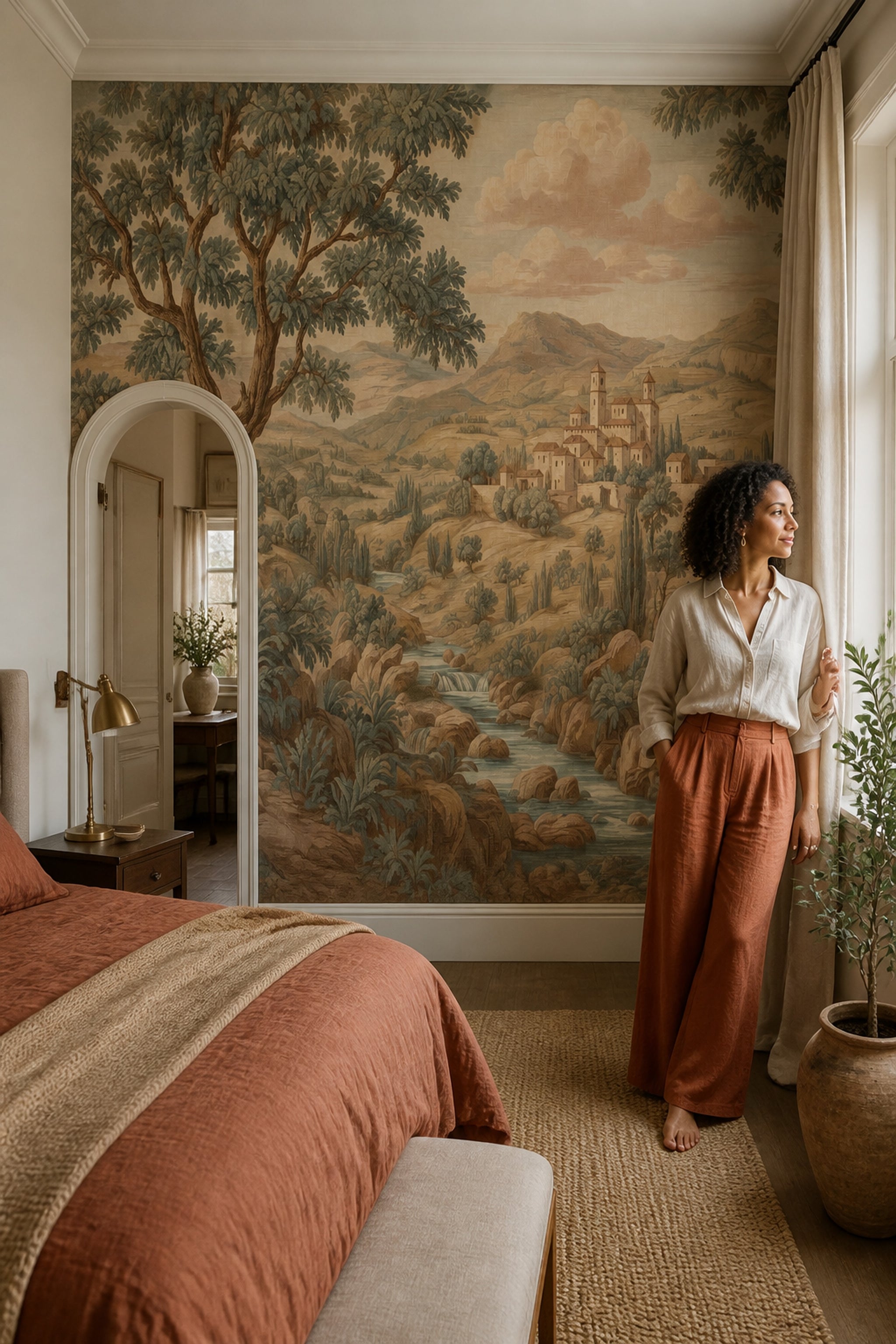Vintage Landscape Wallpaper Tuscan Countryside Mediterranean Village Wall Mural