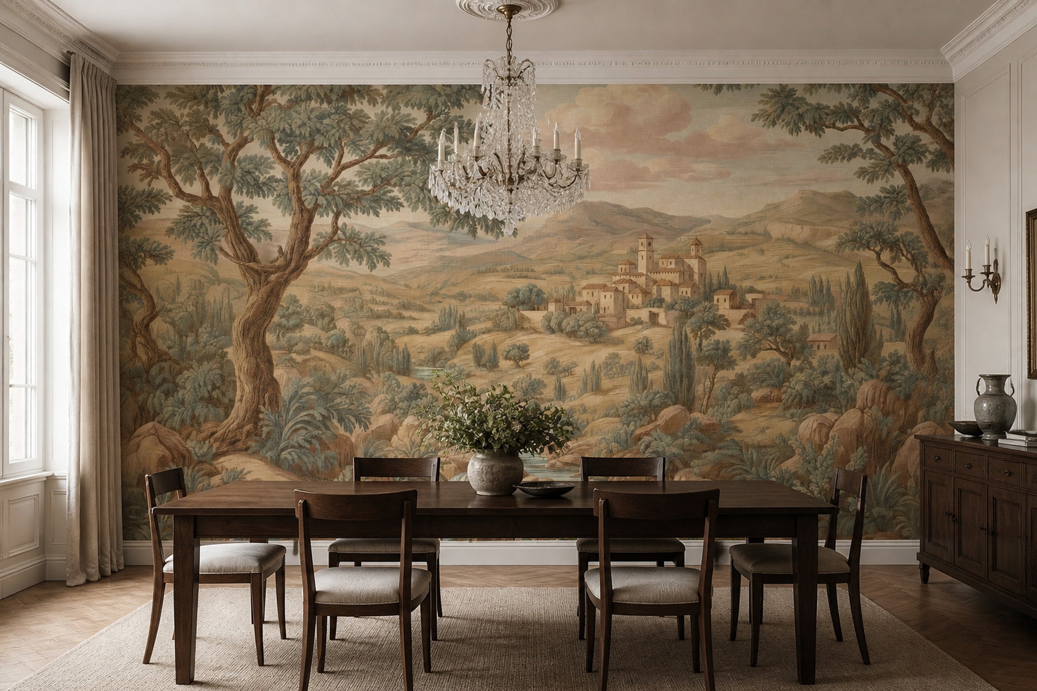 Vintage Landscape Wallpaper Tuscan Countryside Mediterranean Village Wall Mural