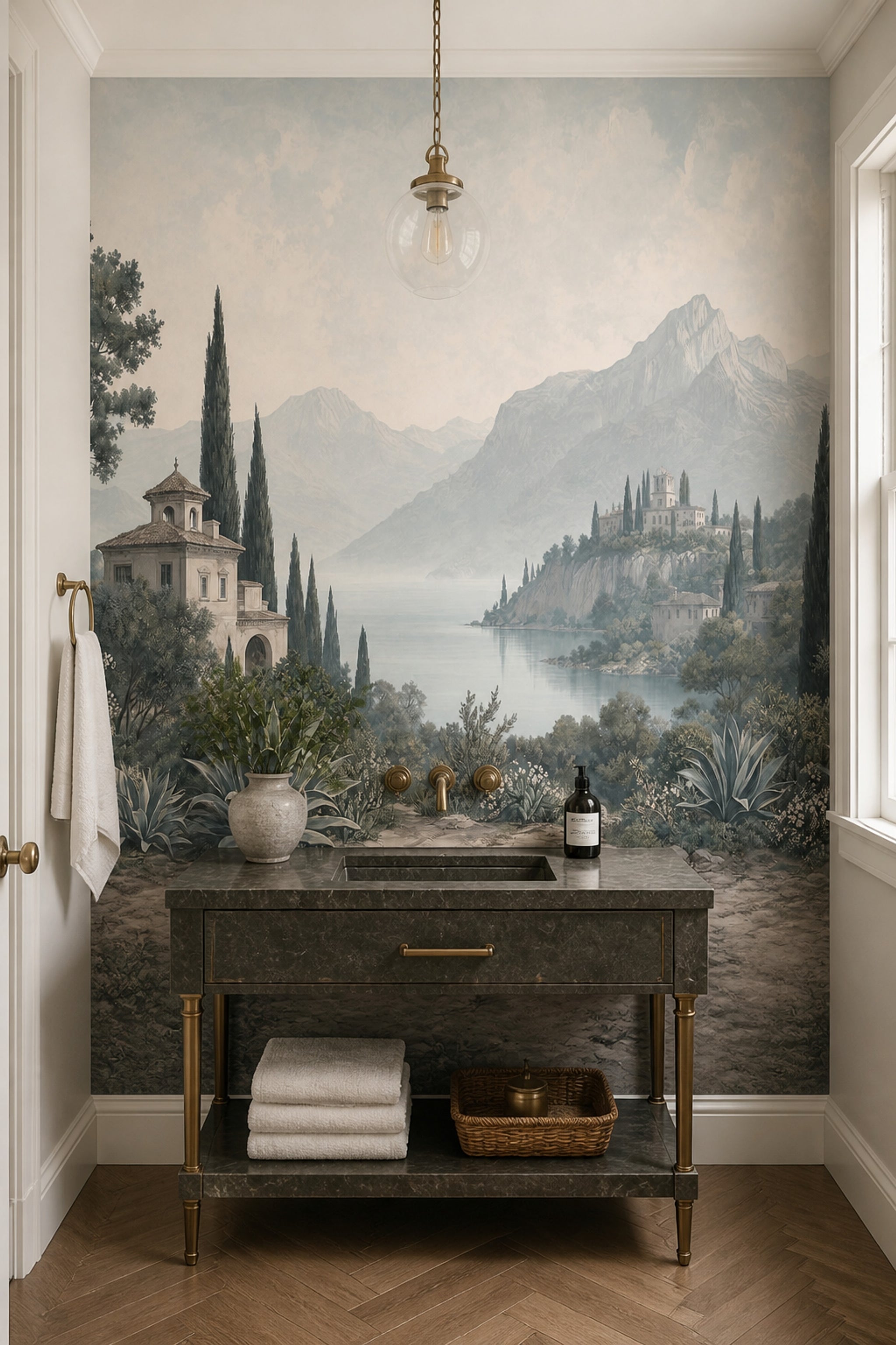 Scenic Landscape Wallpaper Mediterranean Coast Vintage Villa Wall Mural