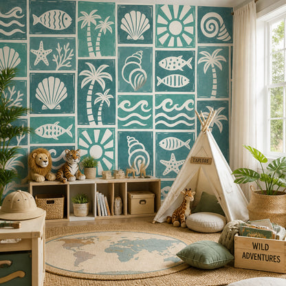Teal Coastal Wallpaper Beach Seashells Removable Wall Decor