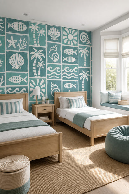 Teal Coastal Wallpaper Beach Seashells Removable Wall Decor