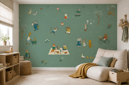 Muted Green Wallpaper Storybook Kids Removable Wall Decor