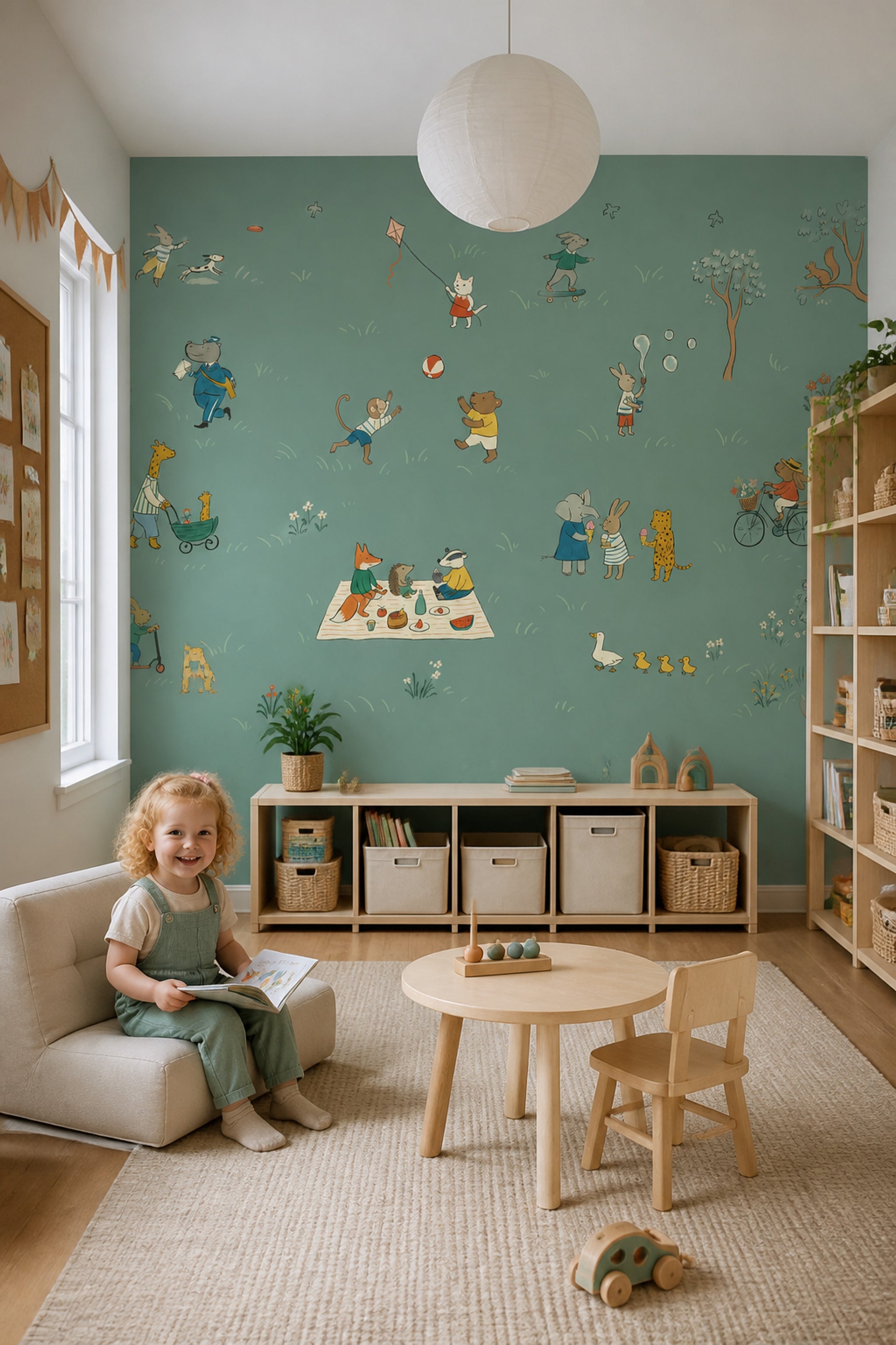 Muted Green Wallpaper Storybook Kids Removable Wall Decor