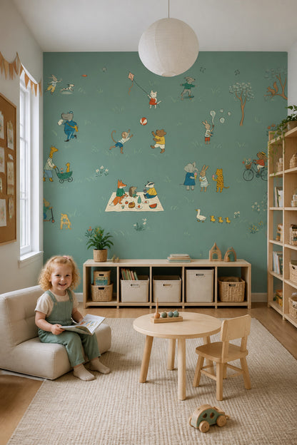 Muted Green Wallpaper Storybook Kids Removable Wall Decor