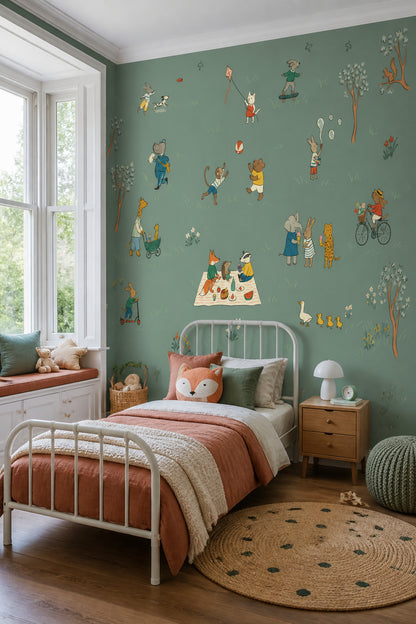Muted Green Wallpaper Storybook Kids Removable Wall Decor