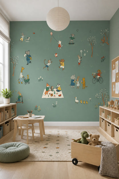 Muted Green Wallpaper Storybook Kids Removable Wall Decor