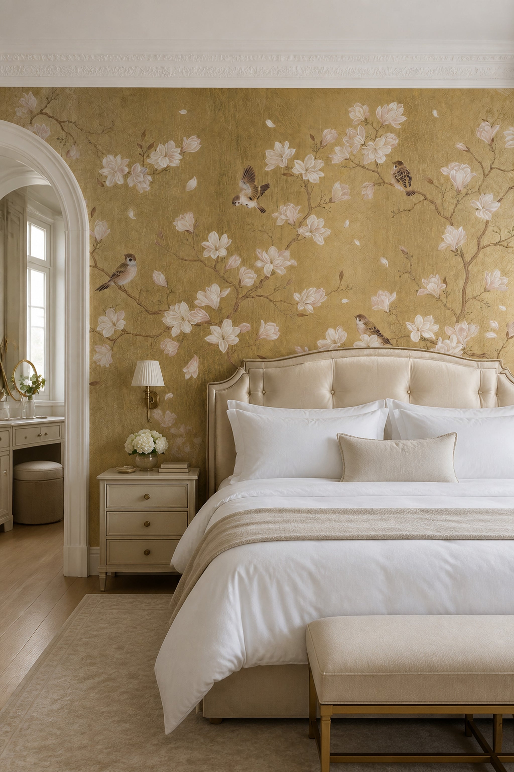 Gold Floral Wallpaper Chinoiserie Removable Magnolia Flowers Wall Decor