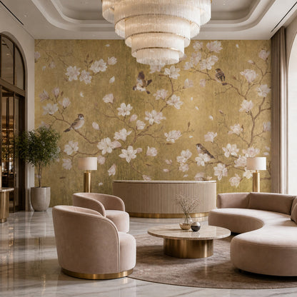 Gold Floral Wallpaper Chinoiserie Removable Magnolia Flowers Wall Decor