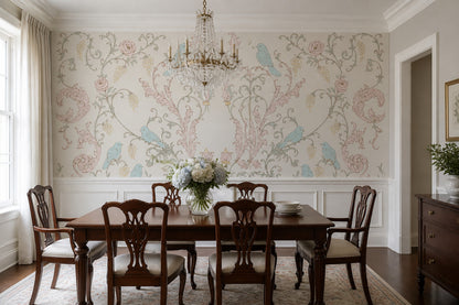 Floral Damask Wallpaper Birds Removable Pastel Wall Decor