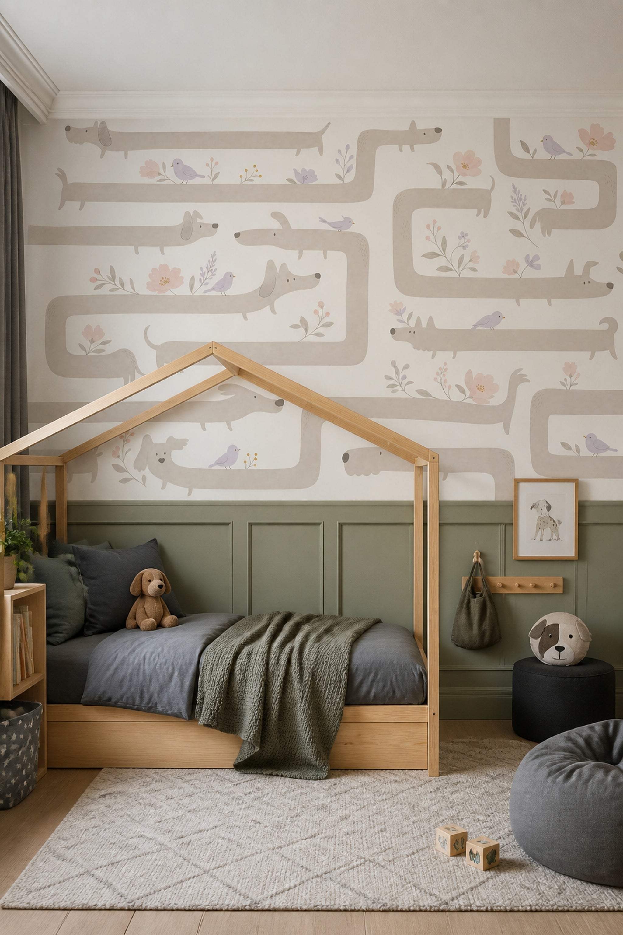 Whimsical Dogs Wallpaper Dachshund Pastel Floral Removable Wall Decor