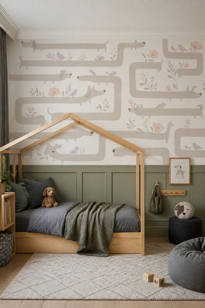 Whimsical Dogs Wallpaper Dachshund Pastel Floral Removable Wall Decor