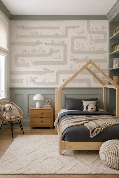 Whimsical Dogs Wallpaper Dachshund Pastel Floral Removable Wall Decor