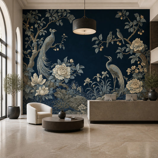 Chinoiserie Wallpaper Dark Navy Removable Vintage Garden Wall Decor