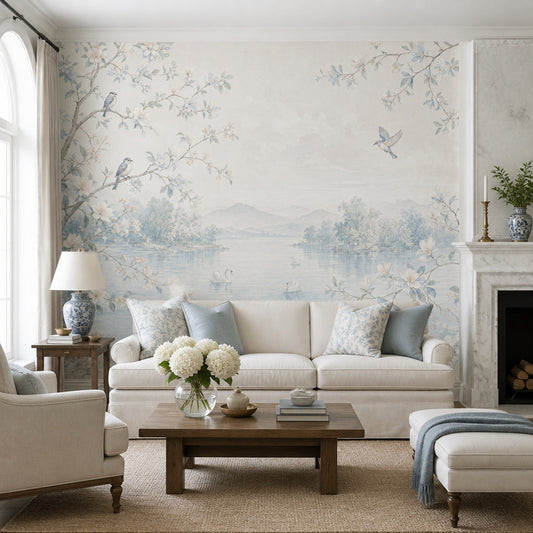 Floral Landscape Wallpaper Watercolor Birds Removable Wall Decor