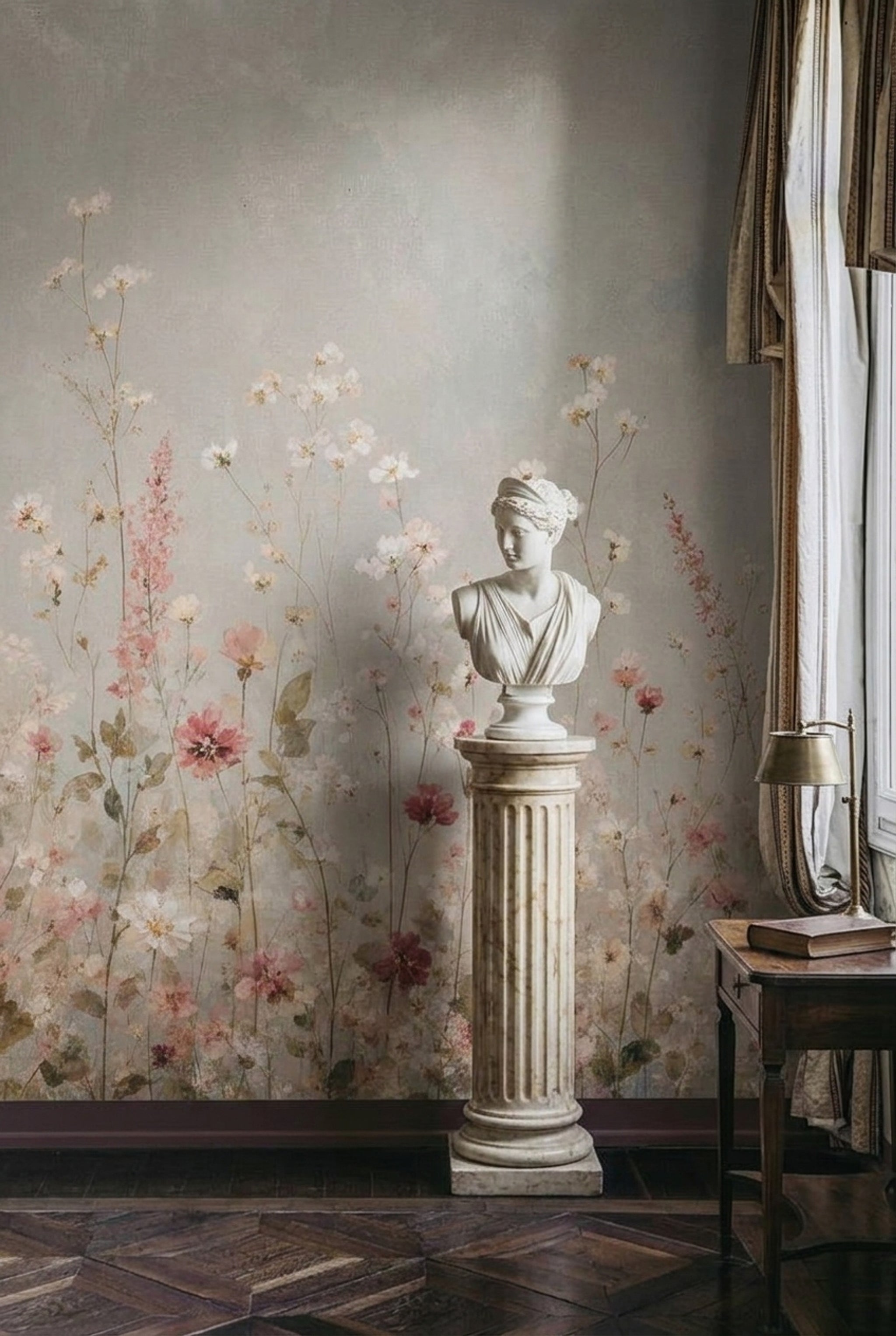 Muted Green Wallpaper Wildflowers Watercolor Wall Mural