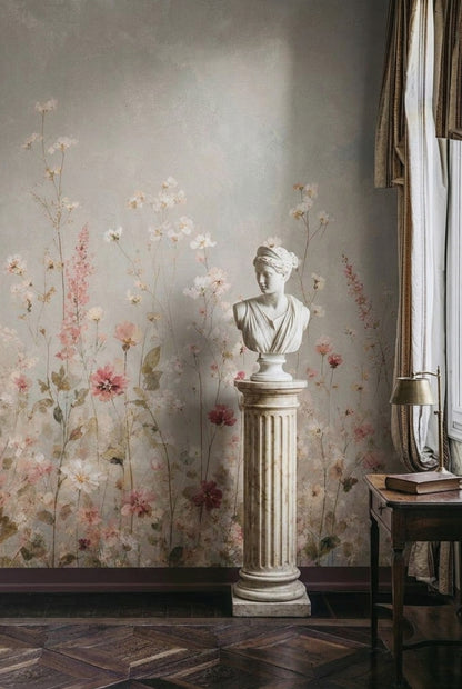 Muted Green Wallpaper Wildflowers Watercolor Wall Mural