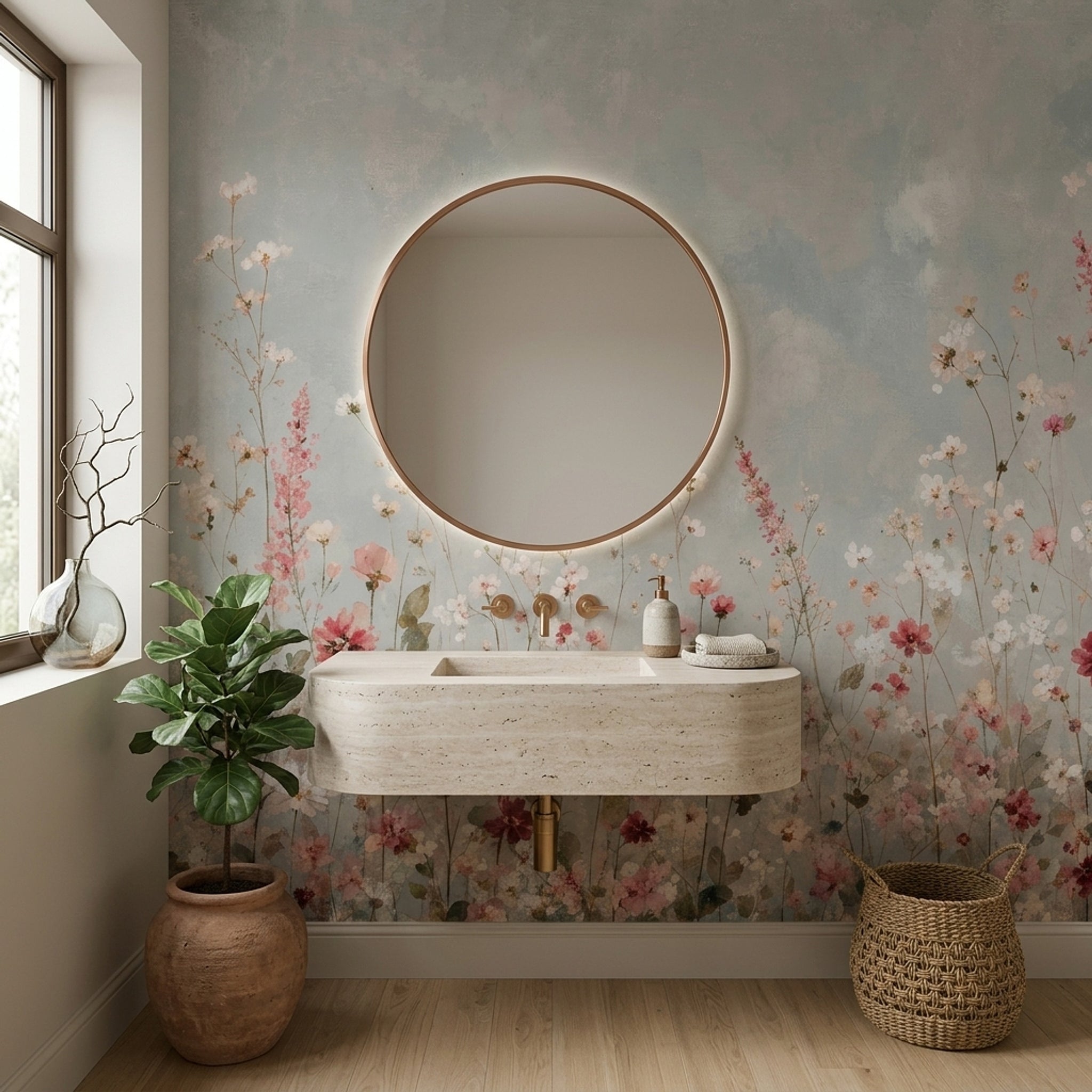 Muted Green Wallpaper Wildflowers Watercolor Wall Mural