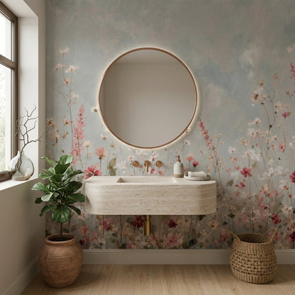 Muted Green Wallpaper Wildflowers Watercolor Wall Mural