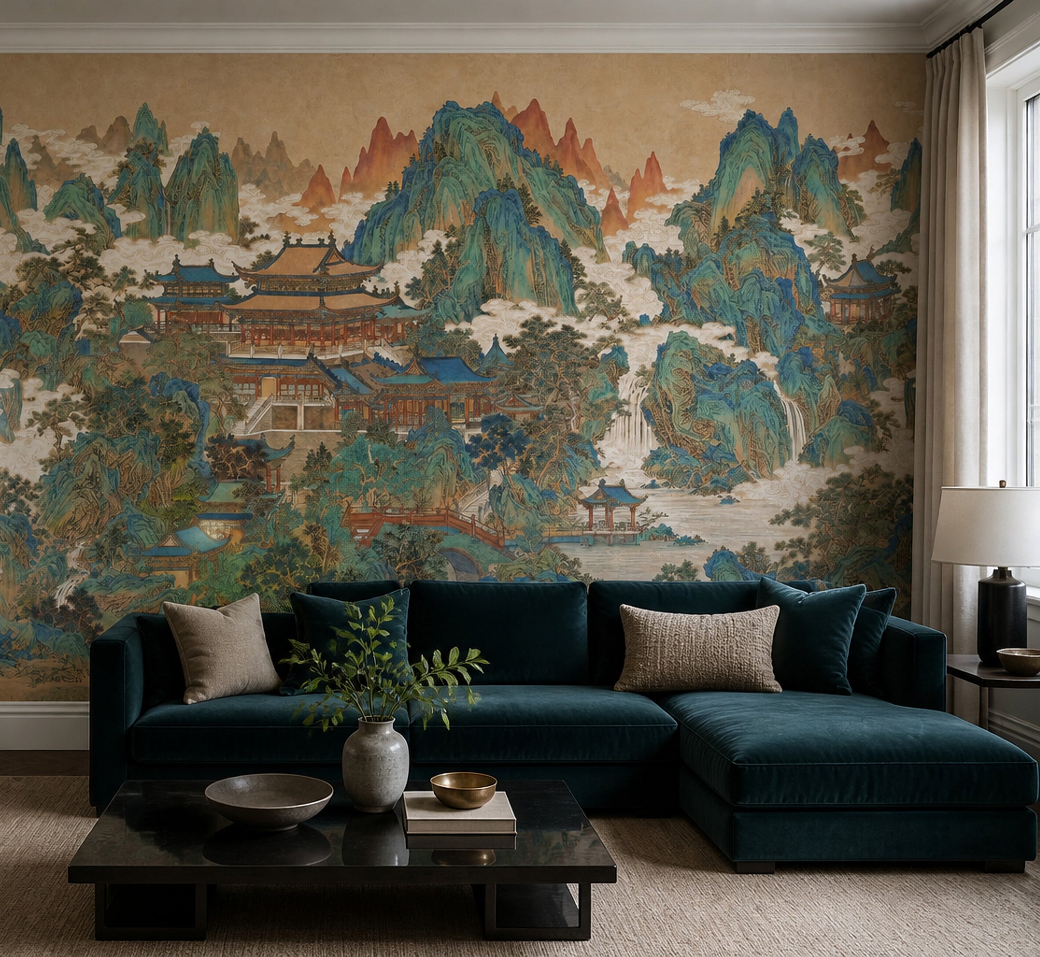 Muted Green Wallpaper Chinoiserie Removable Landscape Wall Decor