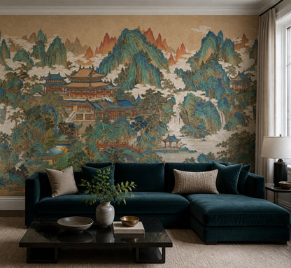 Muted Green Wallpaper Chinoiserie Removable Landscape Wall Decor