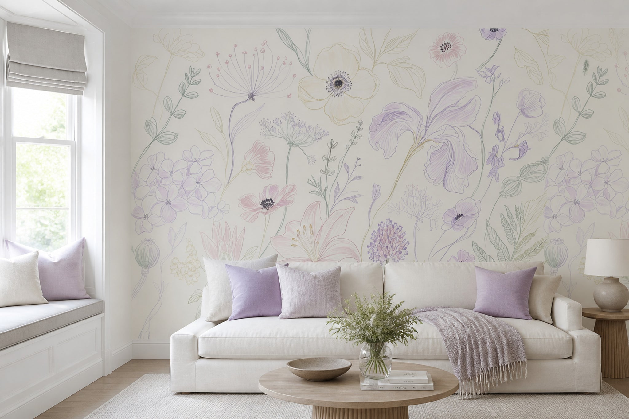 White Background Wallpaper Muted Green Removable Wall Decor