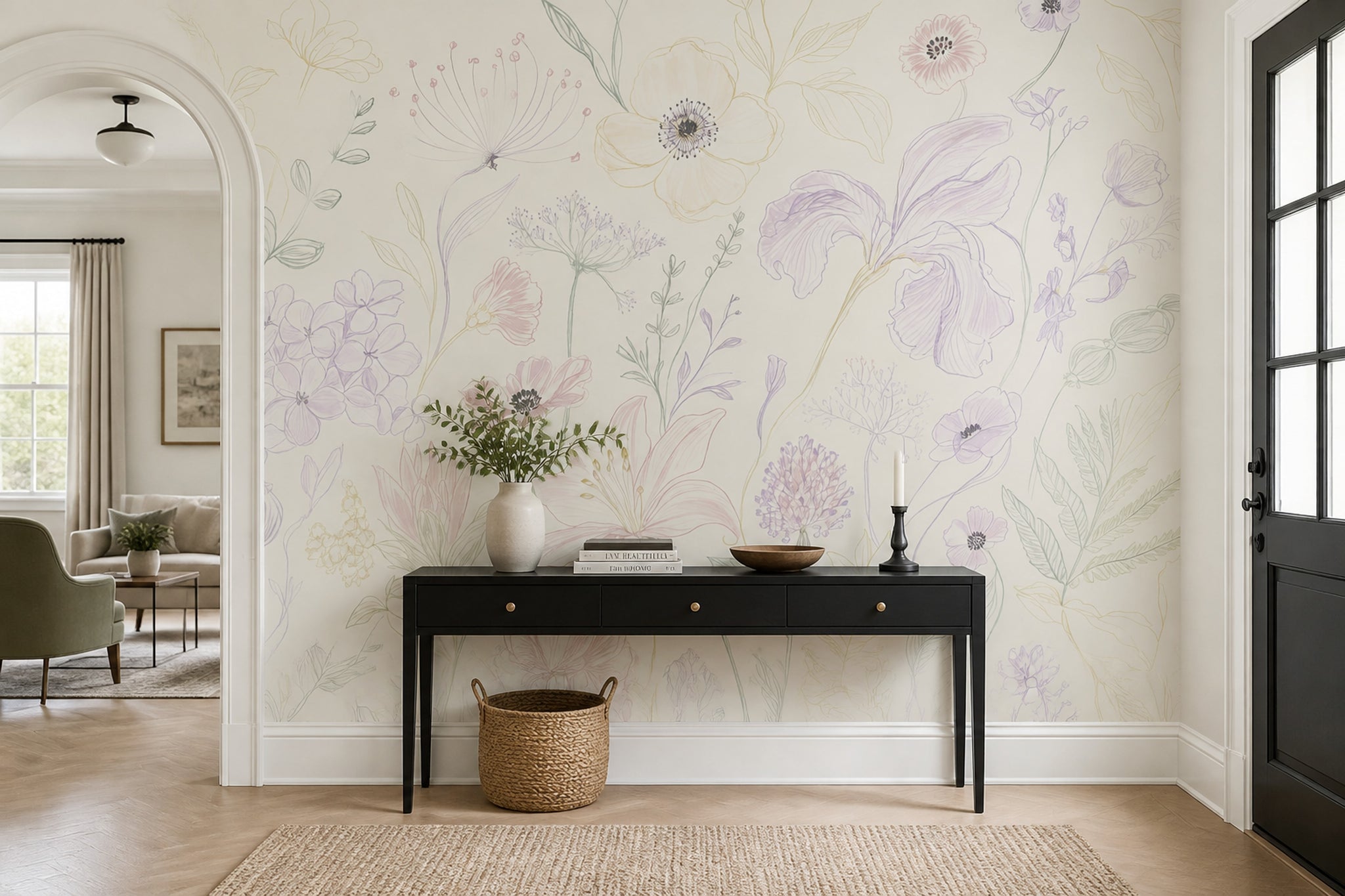 White Background Wallpaper Muted Green Removable Wall Decor