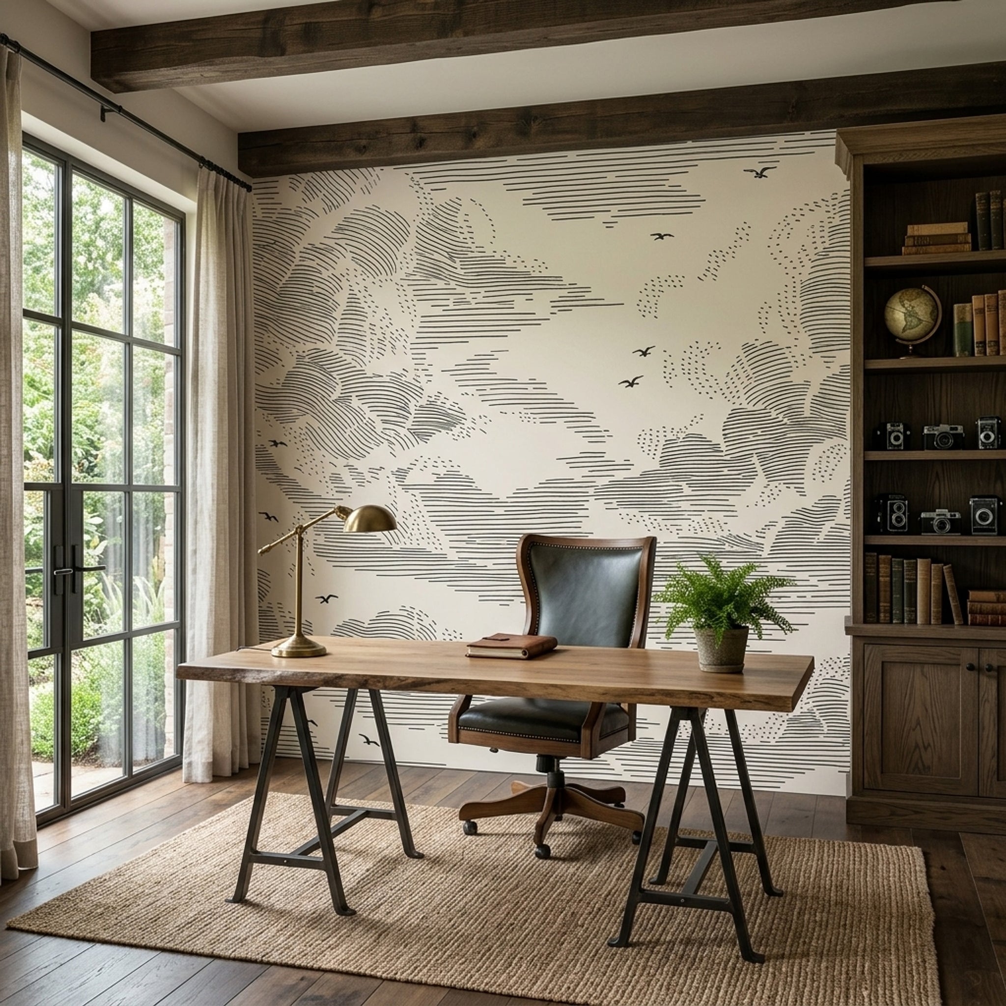 Cloudscape Wallpaper Ivory Background Removable Black Linework Wall Decor