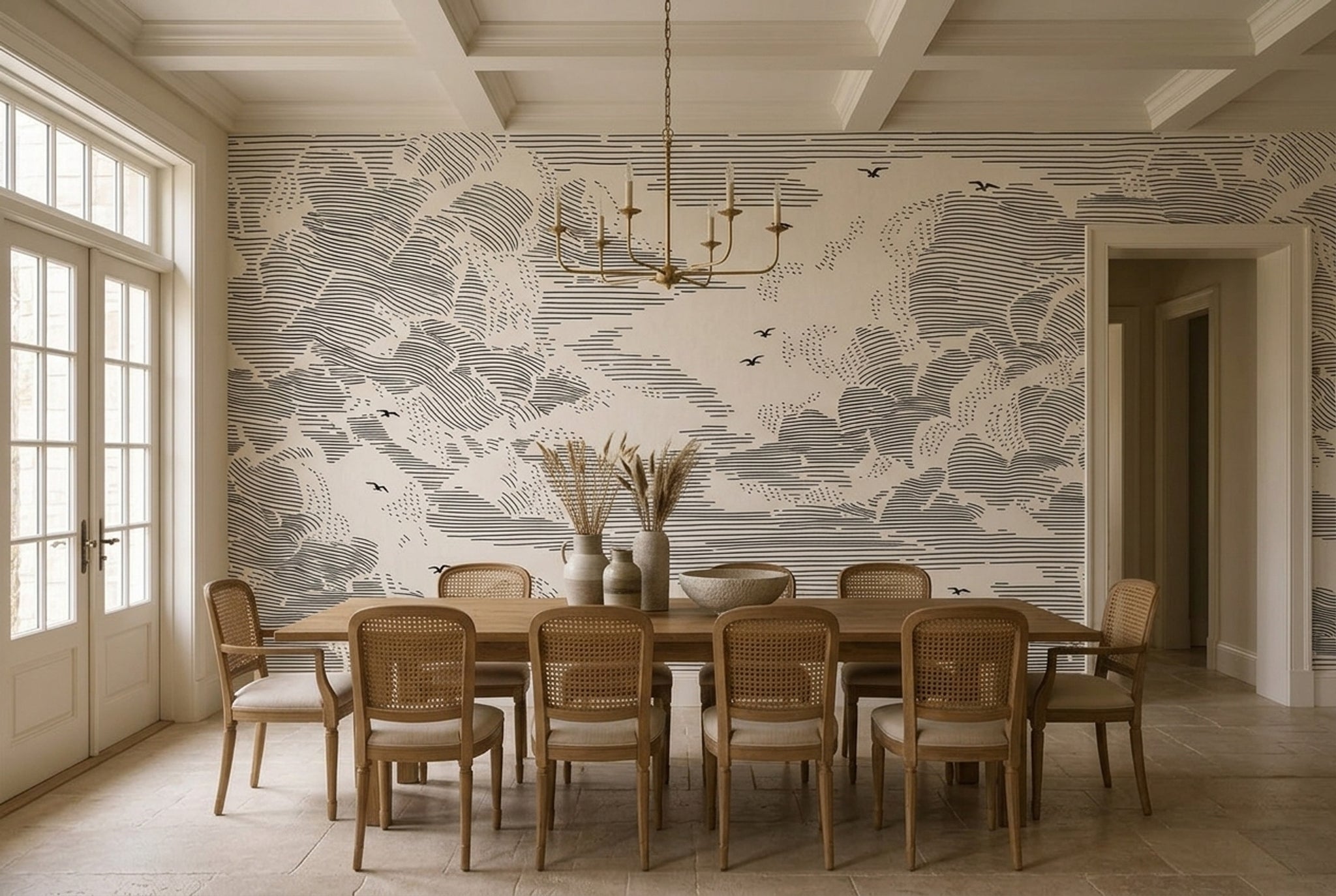 Cloudscape Wallpaper Ivory Background Removable Black Linework Wall Decor
