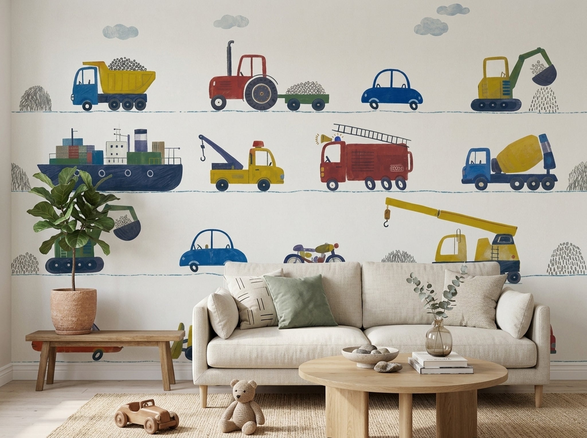 White Background Wallpaper Kids Room Construction Vehicles Wall Mural