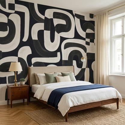 Black And Ivory Wallpaper Brushstroke Curved Lines Removable Wall Decor