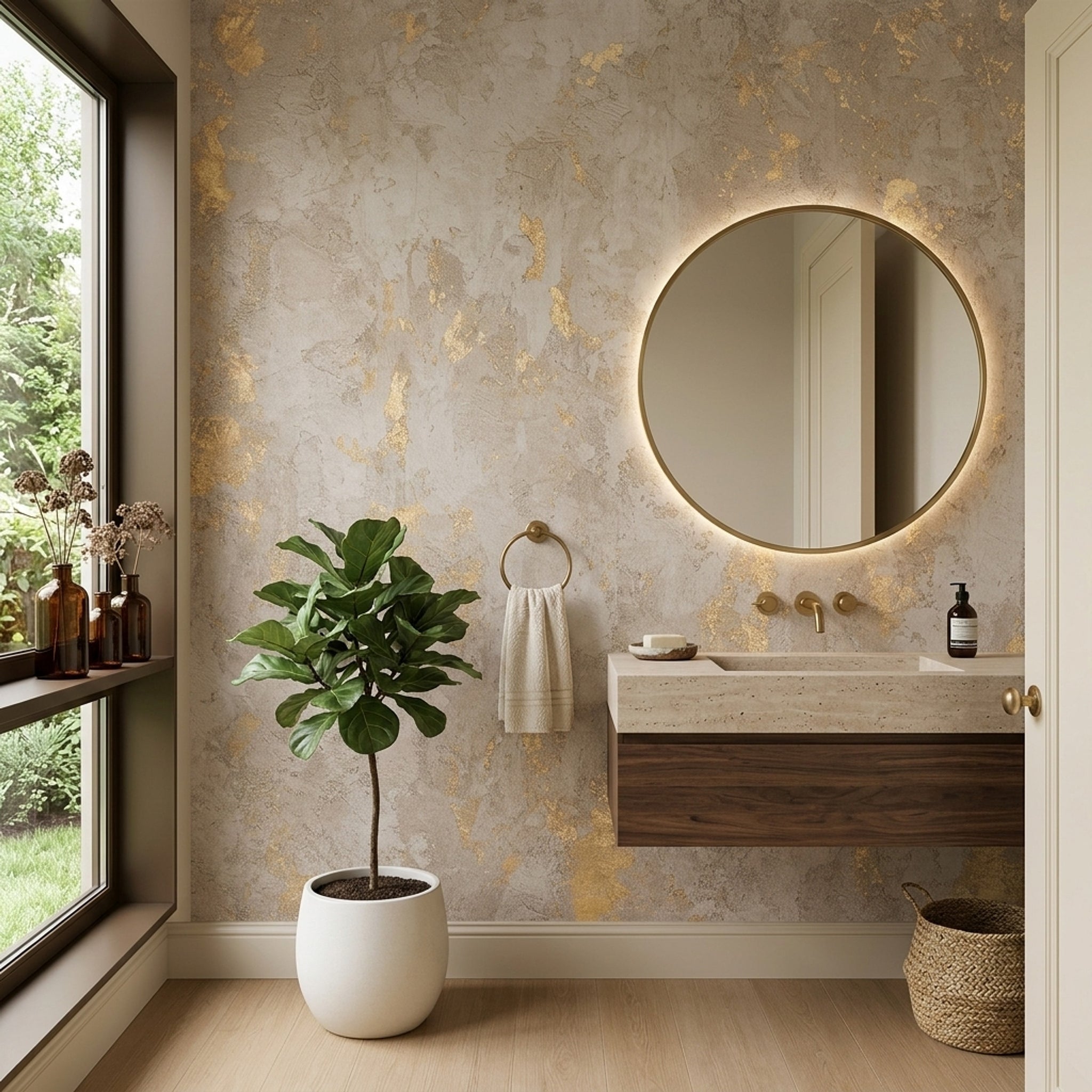 Textured Plaster Wallpaper Gold Metallic Concrete Wall Mural