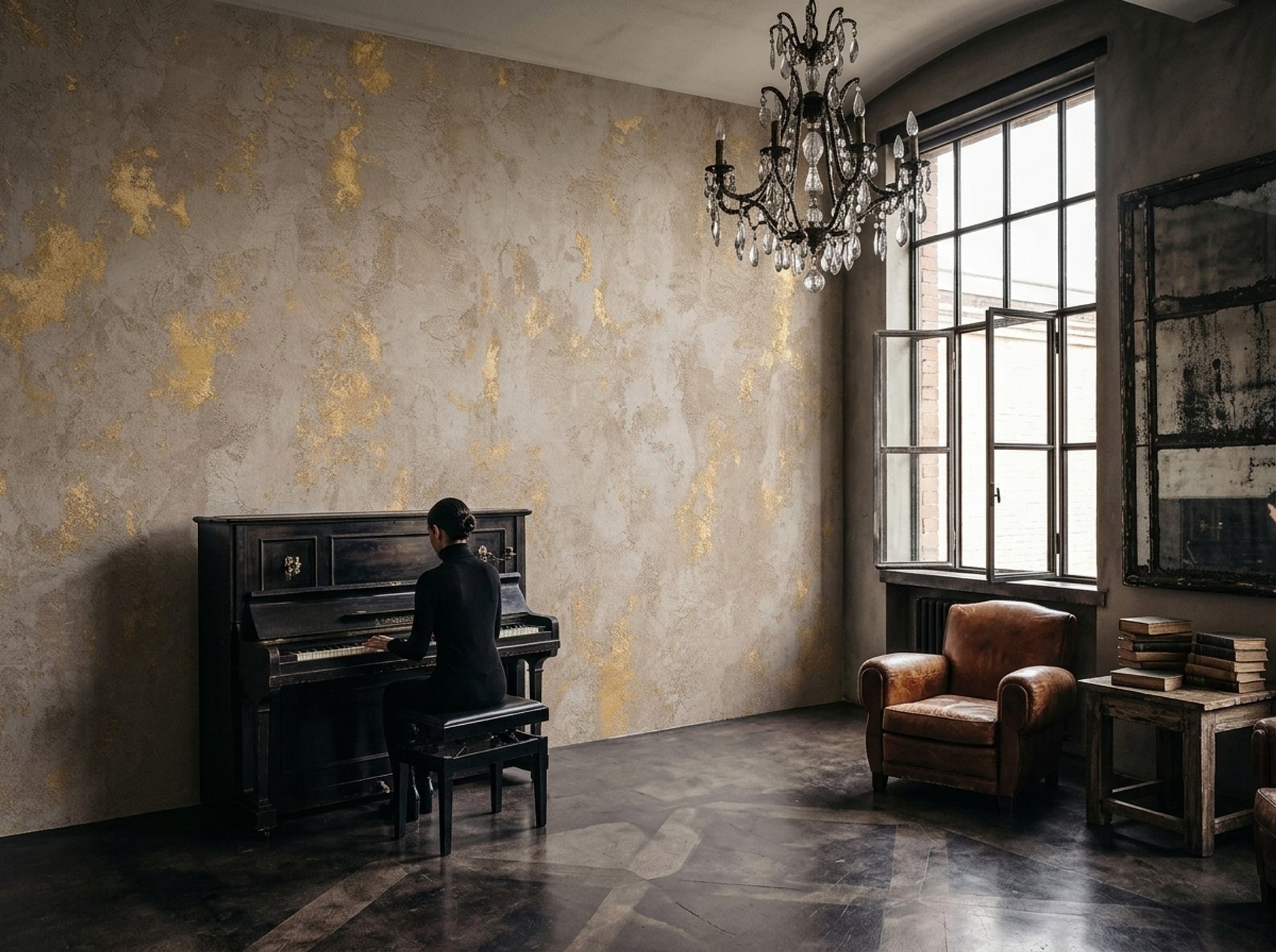 Textured Plaster Wallpaper Gold Metallic Concrete Wall Mural