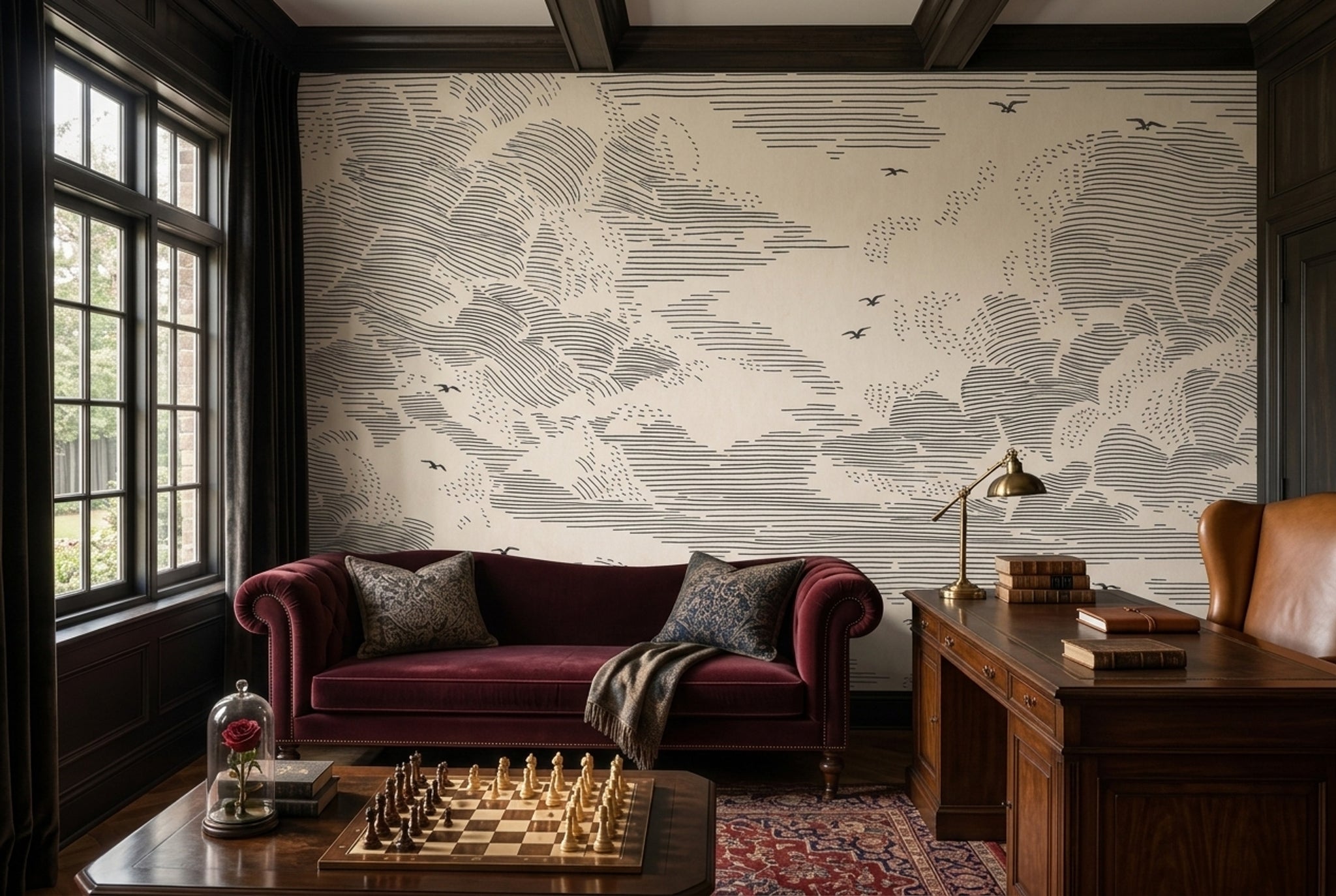 Cloudscape Wallpaper Ivory Background Removable Black Linework Wall Decor