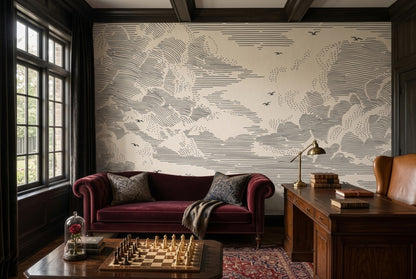 Cloudscape Wallpaper Ivory Background Removable Black Linework Wall Decor