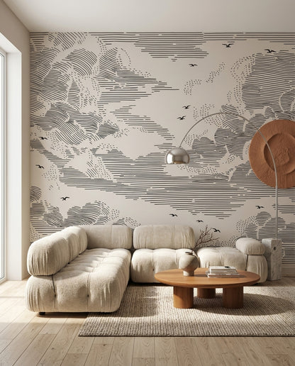 Cloudscape Wallpaper Ivory Background Removable Black Linework Wall Decor