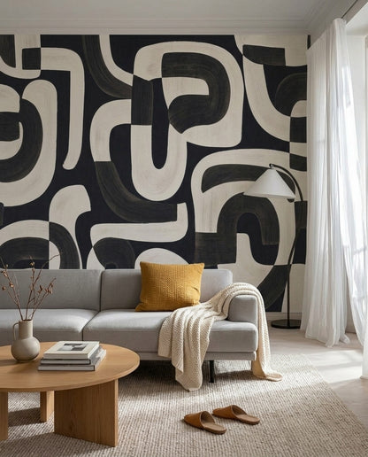 Black And Ivory Wallpaper Brushstroke Curved Lines Removable Wall Decor
