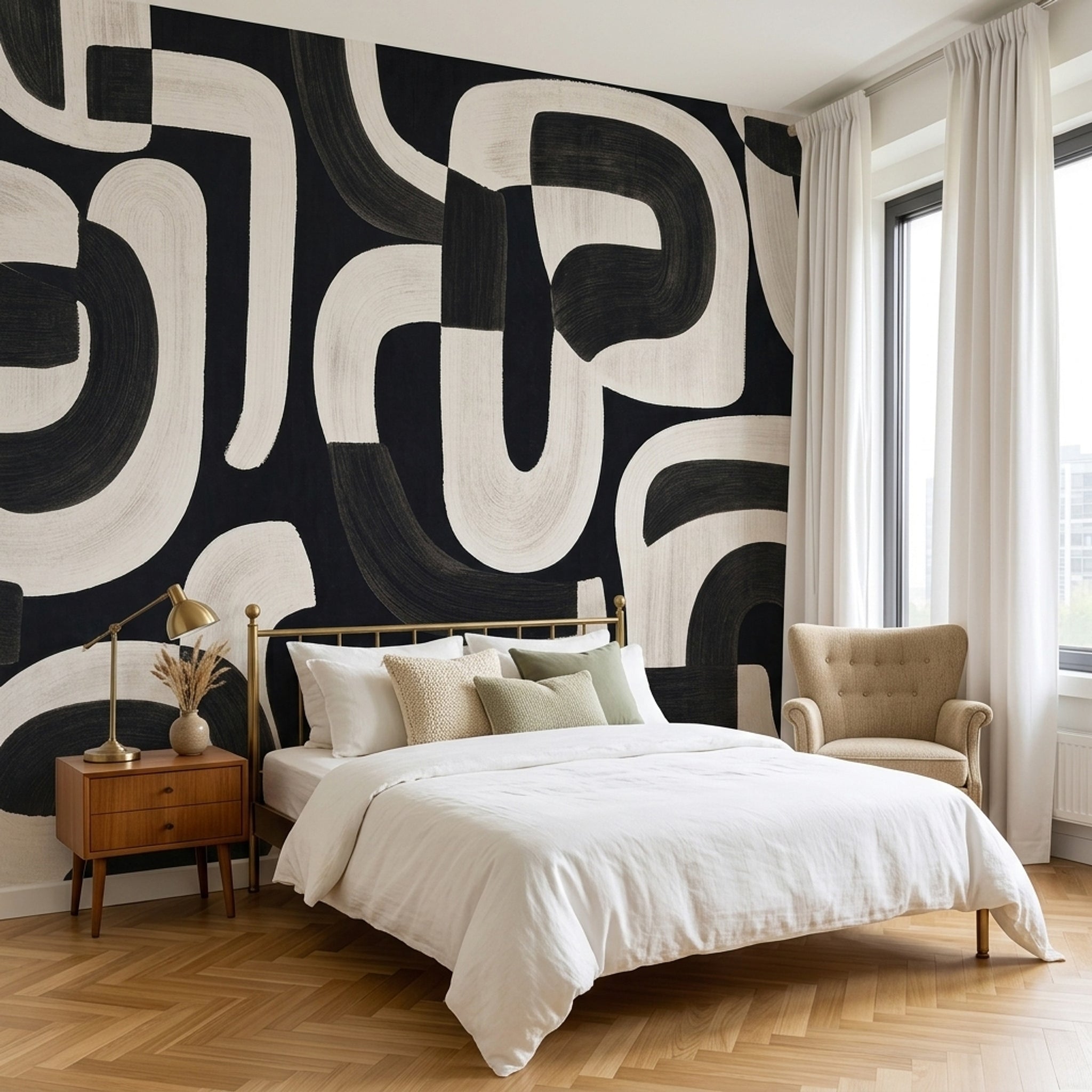 Black And Ivory Wallpaper Brushstroke Curved Lines Removable Wall Decor