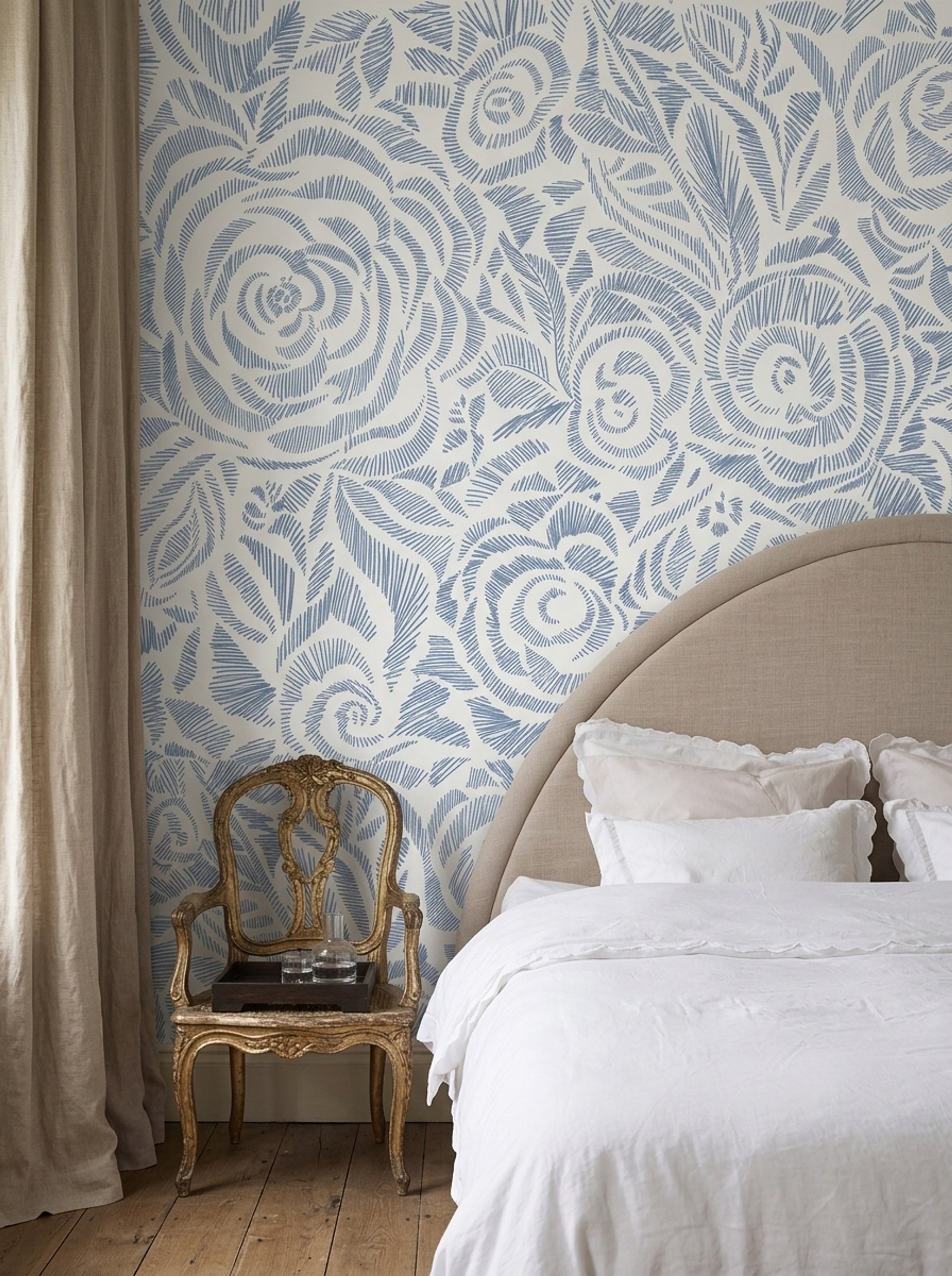 Blue Floral Wallpaper Botanical Roses Wall Mural
