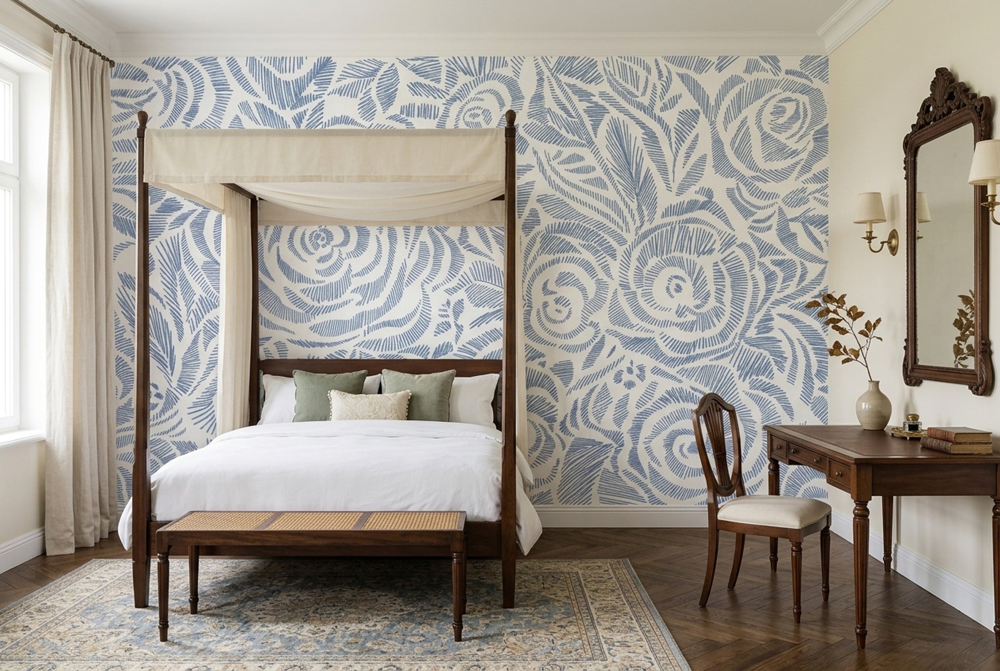 Blue Floral Wallpaper Botanical Roses Wall Mural