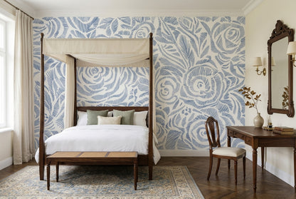 Blue Floral Wallpaper Botanical Roses Wall Mural