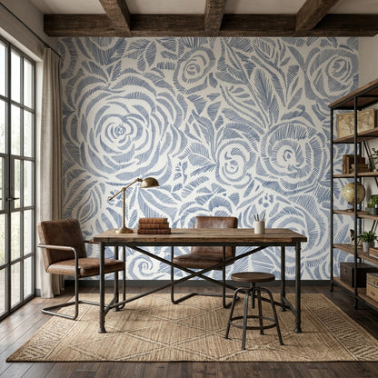 Blue Floral Wallpaper Botanical Roses Wall Mural