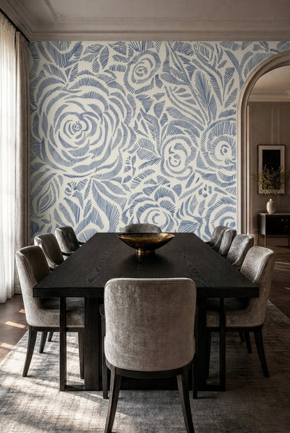 Blue Floral Wallpaper Botanical Roses Wall Mural