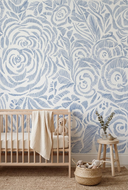 Blue Floral Wallpaper Botanical Roses Wall Mural