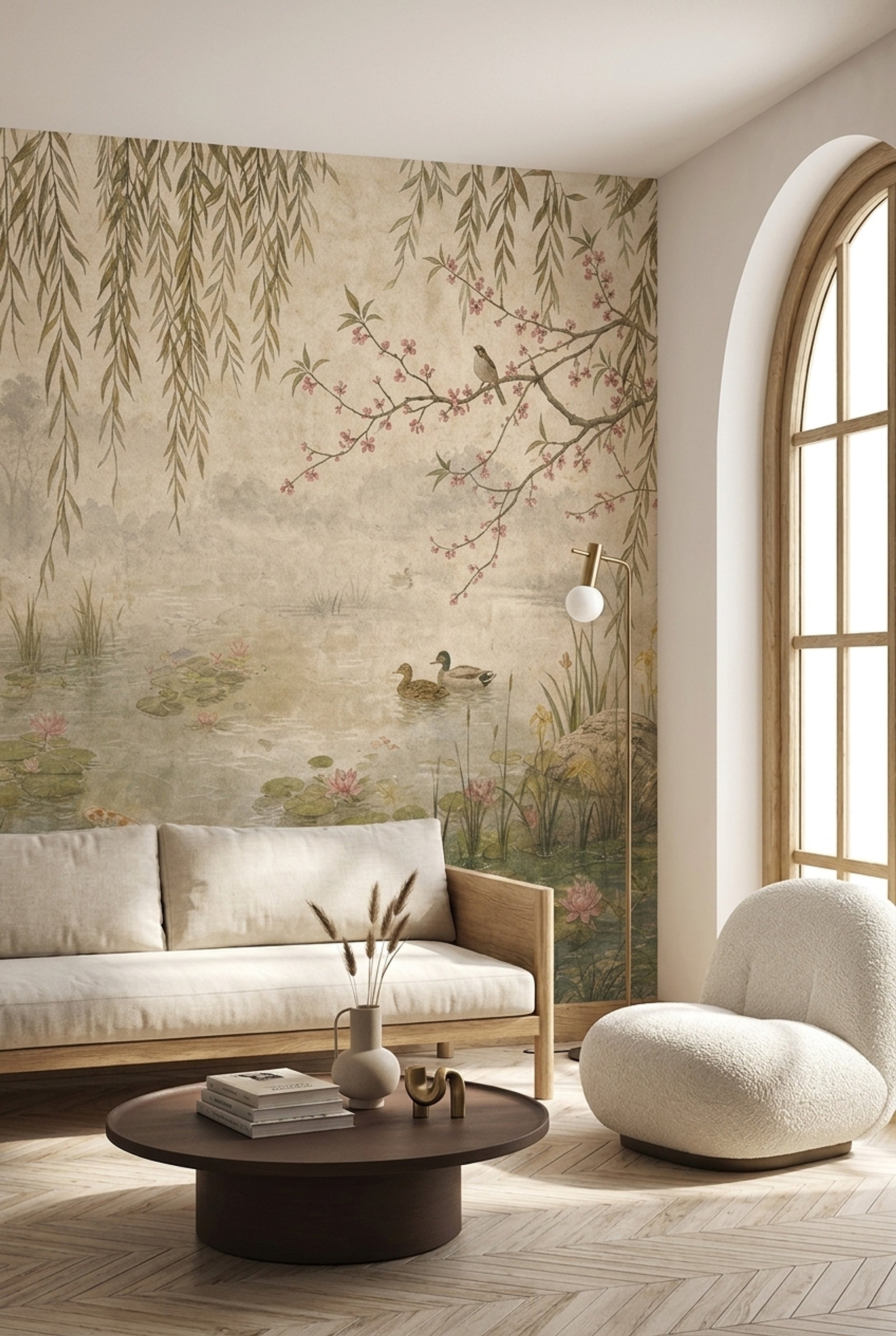 Water Lilies Wallpaper Willow Branches Pond Garden Removable Wall Decor