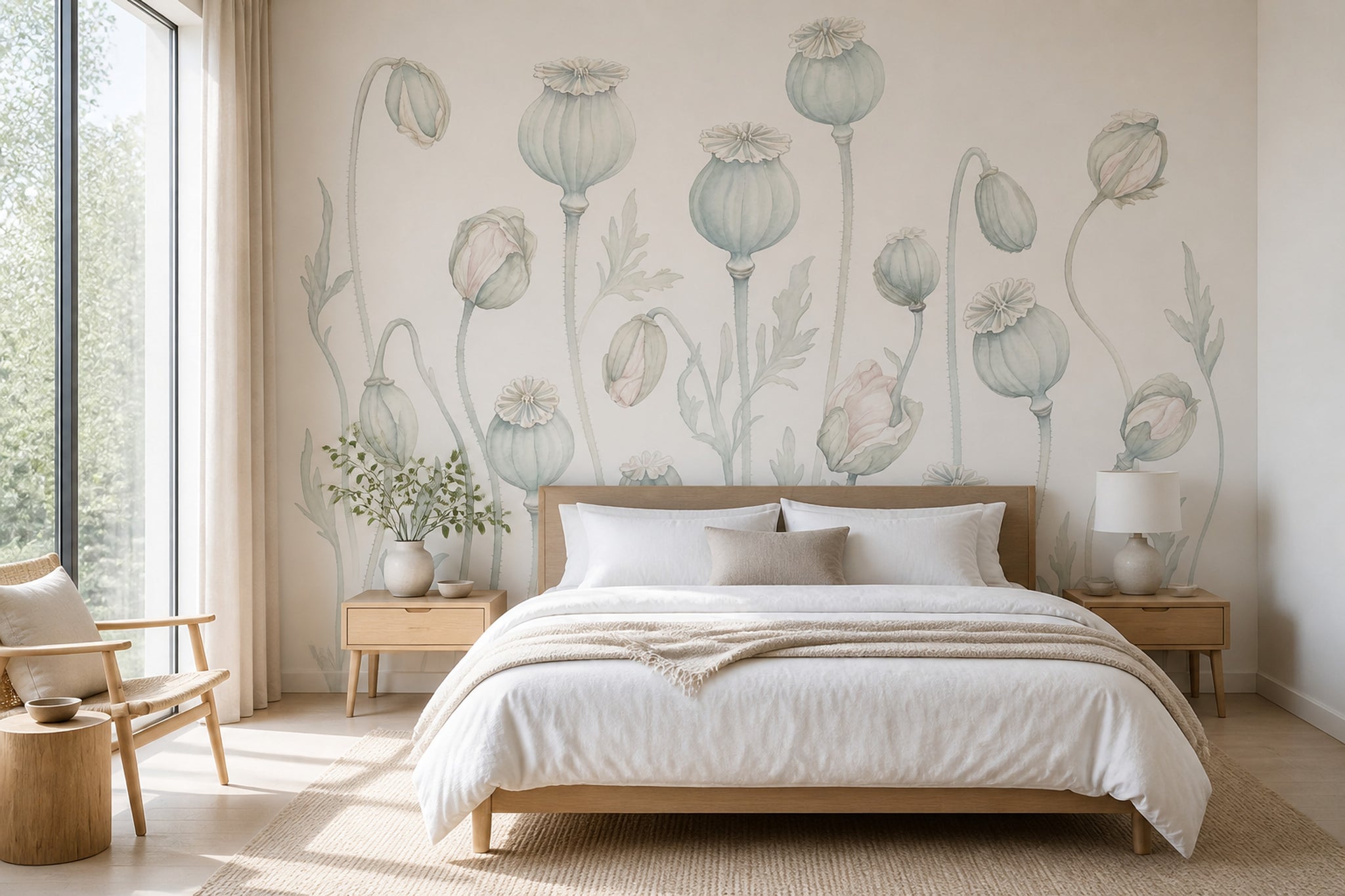 Poppy Pods Wallpaper Botanical Ivory Background Removable Wall Decor