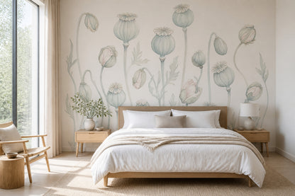 Poppy Pods Wallpaper Botanical Ivory Background Removable Wall Decor