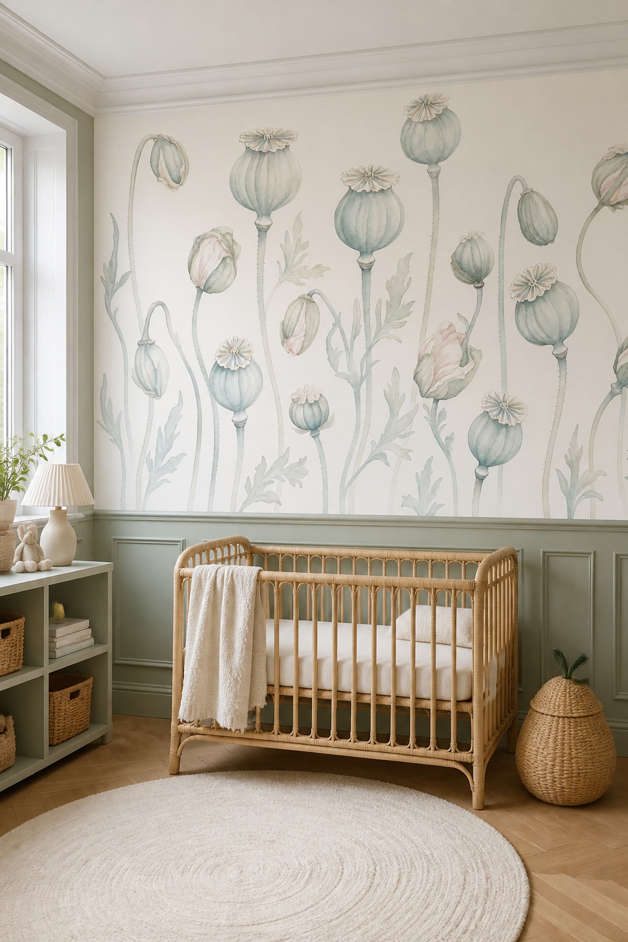 Poppy Pods Wallpaper Botanical Ivory Background Removable Wall Decor
