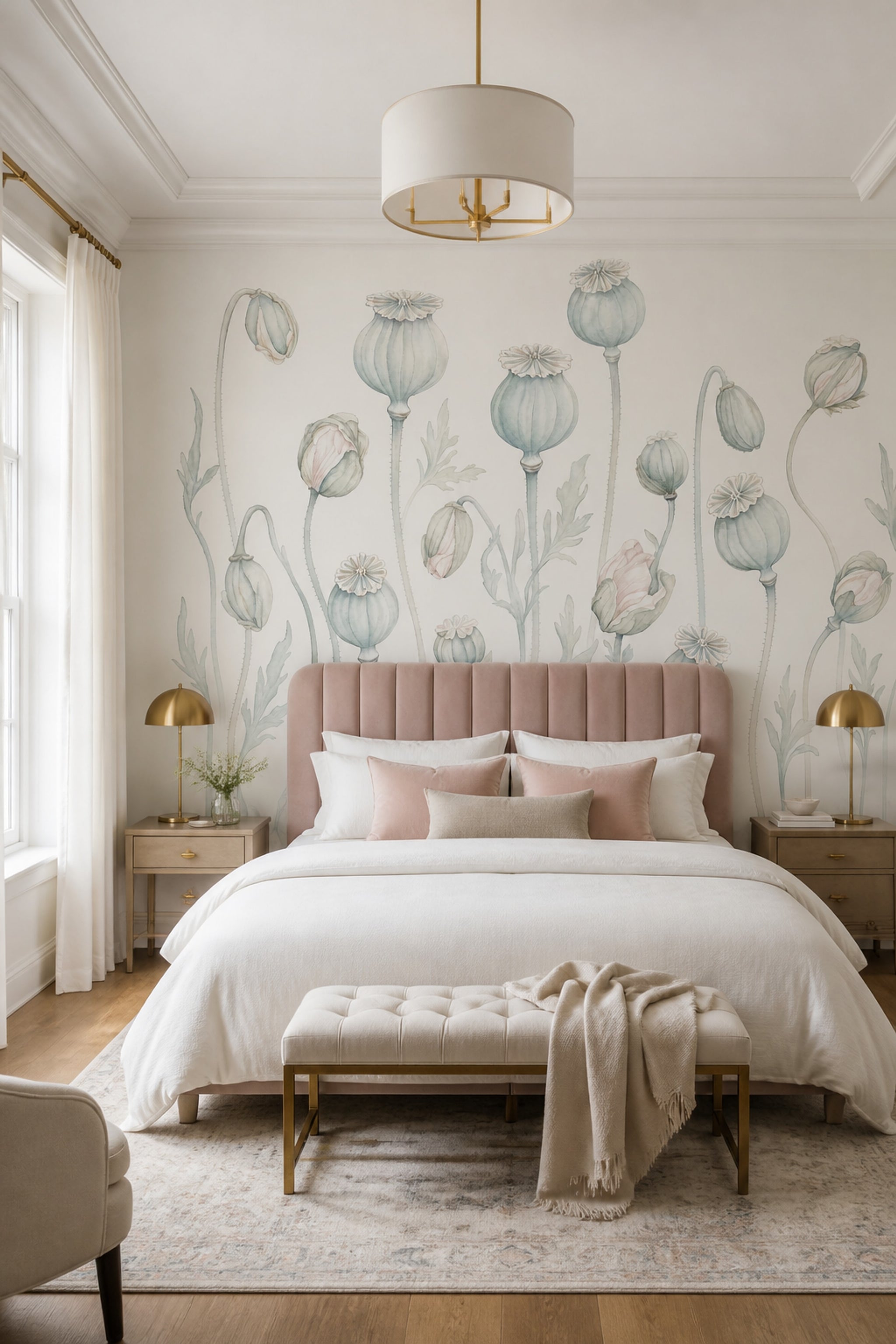 Poppy Pods Wallpaper Botanical Ivory Background Removable Wall Decor
