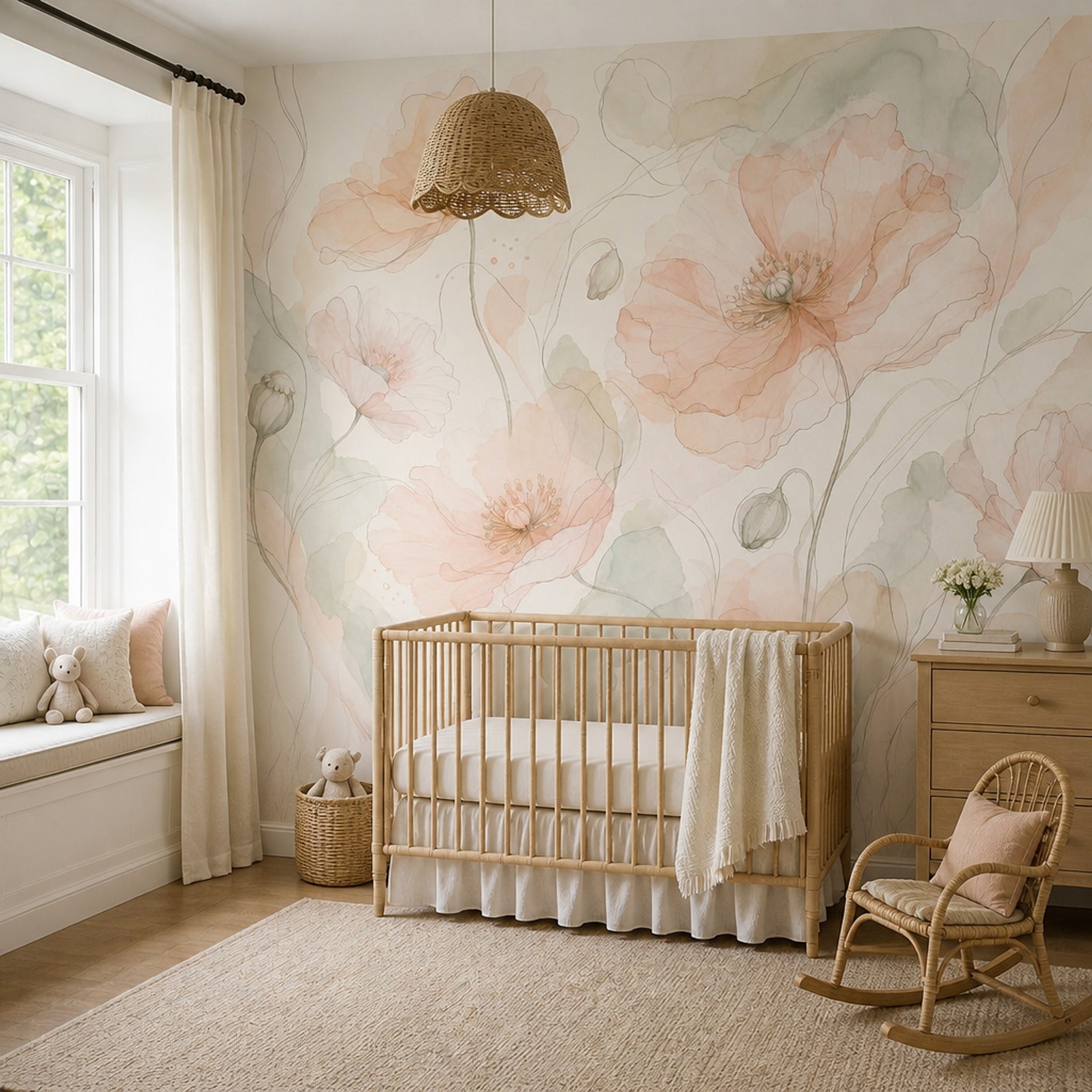 Poppy Flowers Wallpaper Botanical Removable Ivory Background Wall Decor