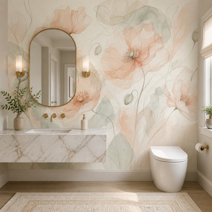 Poppy Flowers Wallpaper Botanical Removable Ivory Background Wall Decor